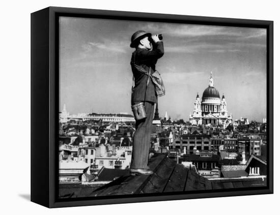 Civilian Aircraft Spotter Using Binoculars to Patrol Skies from Rooftop During the Days of Blitz-null-Framed Stretched Canvas