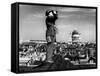 Civilian Aircraft Spotter Using Binoculars to Patrol Skies from Rooftop During the Days of Blitz-null-Framed Stretched Canvas