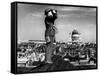 Civilian Aircraft Spotter Using Binoculars to Patrol Skies from Rooftop During the Days of Blitz-null-Framed Stretched Canvas