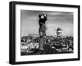 Civilian Aircraft Spotter Using Binoculars to Patrol Skies from Rooftop During the Days of Blitz-null-Framed Photographic Print