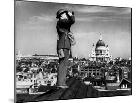 Civilian Aircraft Spotter Using Binoculars to Patrol Skies from Rooftop During the Days of Blitz-null-Mounted Photographic Print