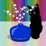 Blue Glass Vase with blossom and black cat-Claire Huntley-Giclee Print