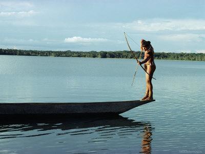 Indian Fishing with Bow and Arrow, Xingu, Amazon Region, Brazil, South America