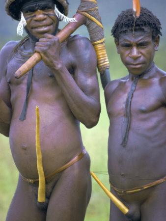 Portrait of Two Dani Tribesmen Wearing Penis Gourds, Irian Jaya, New Guinea, Indonesia
