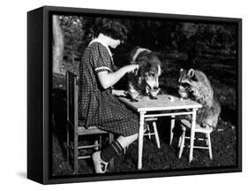 Claire Shorrock Giving Ice Cream Party with Pet Dog and Raccoon-null-Framed Stretched Canvas