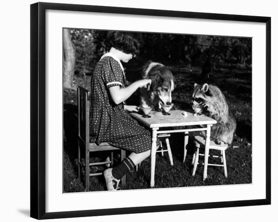 Claire Shorrock Giving Ice Cream Party with Pet Dog and Raccoon-null-Framed Photographic Print