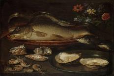 A Herring with Capers and a Sliced Orange on Plates and a Bowl of Shrimp on a Table-Clara Peeters-Giclee Print