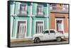 Classic 1950s Plymouth taxi, locally known as almendrones in the town of Cienfuegos, Cuba, West Ind-Michael Nolan-Framed Stretched Canvas
