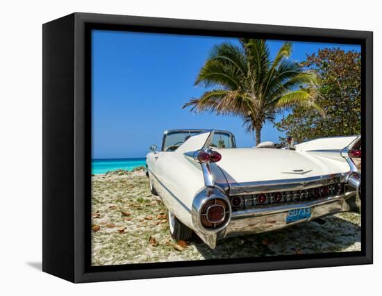 Classic 1959 White Cadillac Auto on Beautiful Beach of Veradara, Cuba-Bill Bachmann-Framed Stretched Canvas