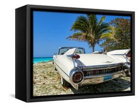 Classic 1959 White Cadillac Auto on Beautiful Beach of Veradara, Cuba-Bill Bachmann-Framed Stretched Canvas