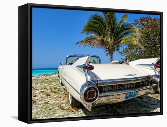 Classic 1959 White Cadillac Auto on Beautiful Beach of Veradara, Cuba-Bill Bachmann-Framed Stretched Canvas