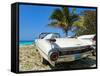 Classic 1959 White Cadillac Auto on Beautiful Beach of Veradara, Cuba-Bill Bachmann-Framed Stretched Canvas