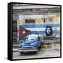 Classic American Car and Cuban Flag, Habana Vieja, Havana, Cuba-Jon Arnold-Framed Stretched Canvas