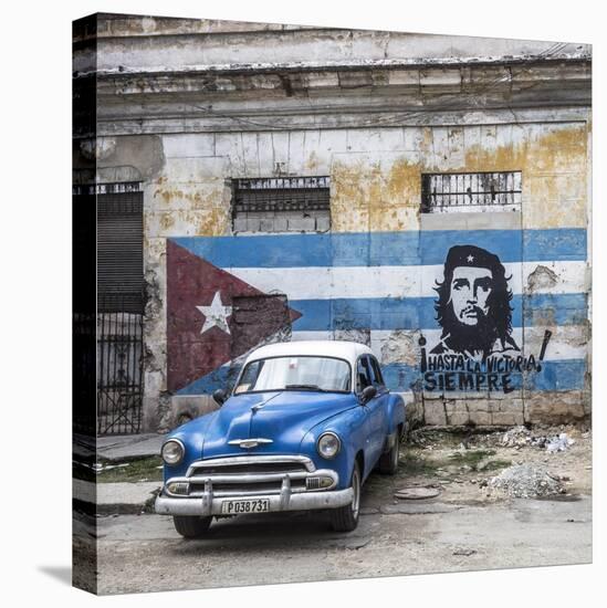 Classic American Car and Cuban Flag, Habana Vieja, Havana, Cuba-Jon Arnold-Stretched Canvas