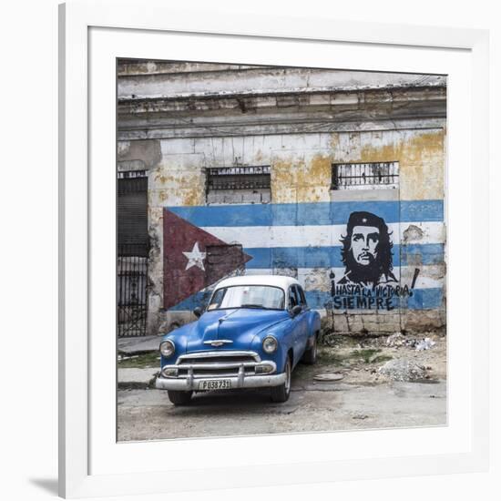 Classic American Car and Cuban Flag, Habana Vieja, Havana, Cuba-Jon Arnold-Framed Photographic Print
