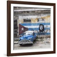 Classic American Car and Cuban Flag, Habana Vieja, Havana, Cuba-Jon Arnold-Framed Photographic Print