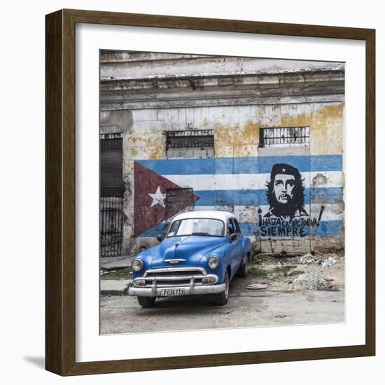 Classic American Car and Cuban Flag, Habana Vieja, Havana, Cuba-Jon Arnold-Framed Photographic Print