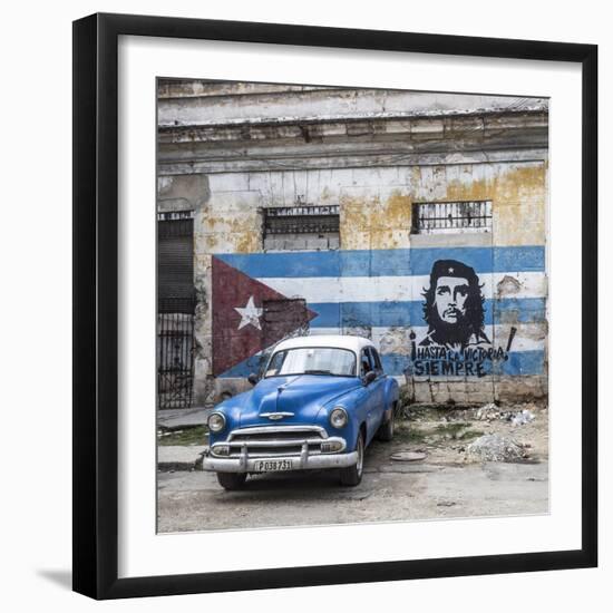 Classic American Car and Cuban Flag, Habana Vieja, Havana, Cuba-Jon Arnold-Framed Photographic Print