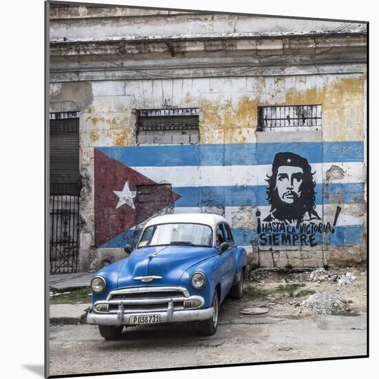 Classic American Car and Cuban Flag, Habana Vieja, Havana, Cuba-Jon Arnold-Mounted Photographic Print