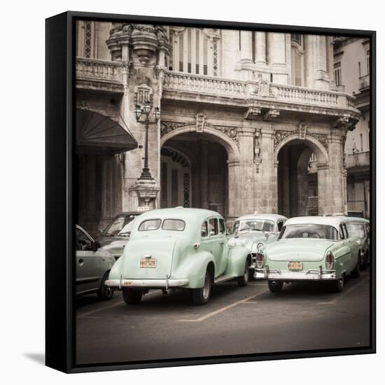 Classic American Cars in Front of the Gran Teatro, Parque Central, Havana, Cuba-Jon Arnold-Framed Stretched Canvas