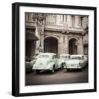 Classic American Cars in Front of the Gran Teatro, Parque Central, Havana, Cuba-Jon Arnold-Framed Premium Photographic Print