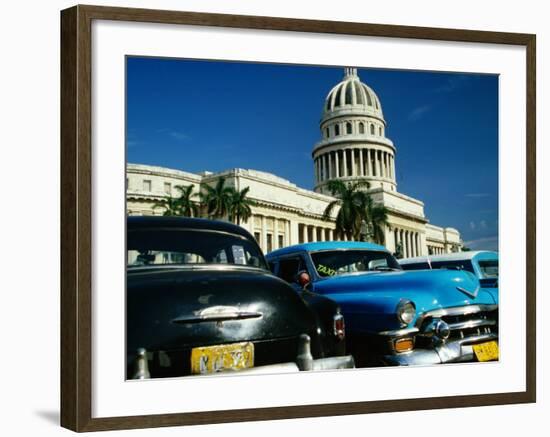 Classic American Taxi Cars Parked in Front of National Capital Building, Havana, Cuba-Martin Lladó-Framed Photographic Print