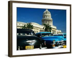 Classic American Taxi Cars Parked in Front of National Capital Building, Havana, Cuba-Martin Lladó-Framed Photographic Print