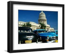 Classic American Taxi Cars Parked in Front of National Capital Building, Havana, Cuba-Martin Lladó-Framed Photographic Print