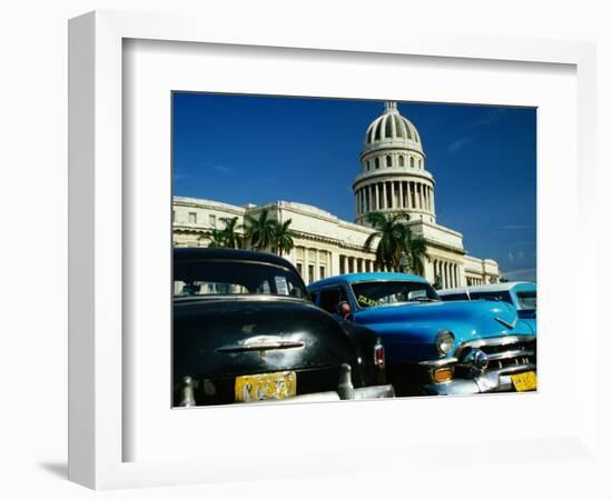 Classic American Taxi Cars Parked in Front of National Capital Building, Havana, Cuba-Martin Lladó-Framed Photographic Print
