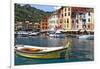 Classic Boat in Portofino Harbor, Liguria, Italy-George Oze-Framed Premium Photographic Print