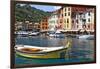 Classic Boat in Portofino Harbor, Liguria, Italy-George Oze-Framed Premium Photographic Print