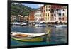 Classic Boat in Portofino Harbor, Liguria, Italy-George Oze-Framed Premium Photographic Print