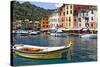 Classic Boat in Portofino Harbor, Liguria, Italy-George Oze-Stretched Canvas