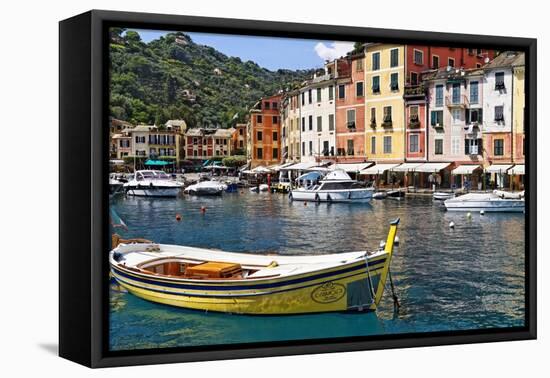 Classic Boat in Portofino Harbor, Liguria, Italy-George Oze-Framed Stretched Canvas