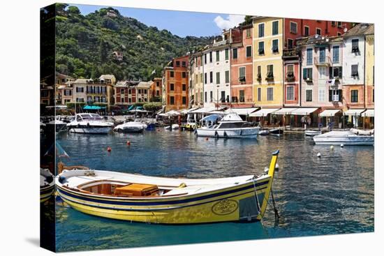 Classic Boat in Portofino Harbor, Liguria, Italy-George Oze-Stretched Canvas