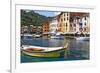 Classic Boat in Portofino Harbor, Liguria, Italy-George Oze-Framed Photographic Print