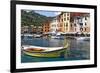 Classic Boat in Portofino Harbor, Liguria, Italy-George Oze-Framed Photographic Print