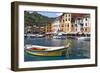 Classic Boat in Portofino Harbor, Liguria, Italy-George Oze-Framed Photographic Print