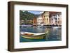 Classic Boat in Portofino Harbor, Liguria, Italy-George Oze-Framed Photographic Print