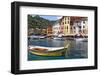 Classic Boat in Portofino Harbor, Liguria, Italy-George Oze-Framed Photographic Print