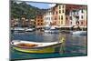 Classic Boat in Portofino Harbor, Liguria, Italy-George Oze-Mounted Photographic Print