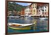 Classic Boat in Portofino Harbor, Liguria, Italy-George Oze-Framed Photographic Print