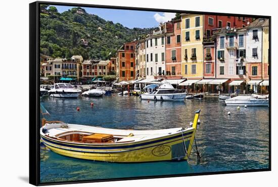 Classic Boat in Portofino Harbor, Liguria, Italy-George Oze-Framed Stretched Canvas