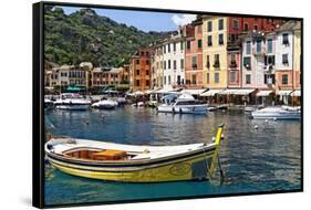 Classic Boat in Portofino Harbor, Liguria, Italy-George Oze-Framed Stretched Canvas
