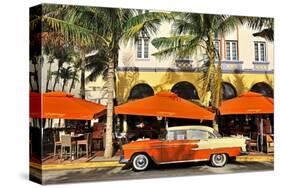 Classic Car in front of the Paparazzi Restaurant, Ocean Drive-null-Stretched Canvas