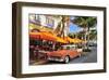 Classic Car in front of the Paparazzi Restaurant, Ocean Drive-null-Framed Art Print