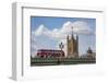 Classic double decker tour bus in London, England crossing the bridge River Thames-Michele Niles-Framed Photographic Print