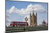 Classic double decker tour bus in London, England crossing the bridge River Thames-Michele Niles-Mounted Photographic Print