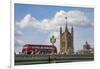 Classic double decker tour bus in London, England crossing the bridge River Thames-Michele Niles-Framed Photographic Print