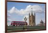 Classic double decker tour bus in London, England crossing the bridge River Thames-Michele Niles-Framed Photographic Print